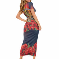 North Macedonia Independence Day Short Sleeve Bodycon Dress Balkan Lynx Red Poppy Flowers Church Flag