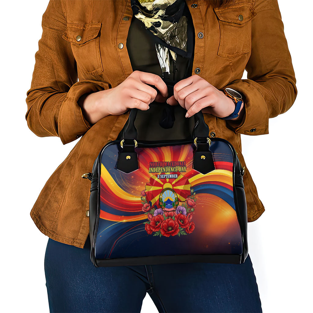 North Macedonia Independence Day Shoulder Handbag Balkan Lynx Red Poppy Flowers Church Flag