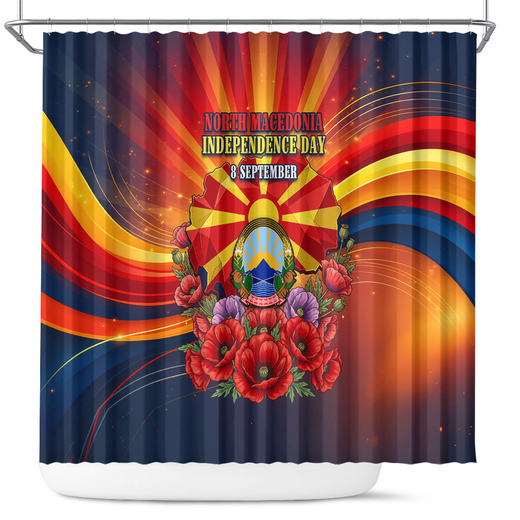 North Macedonia Independence Day Shower Curtain Balkan Lynx Red Poppy Flowers Church Flag