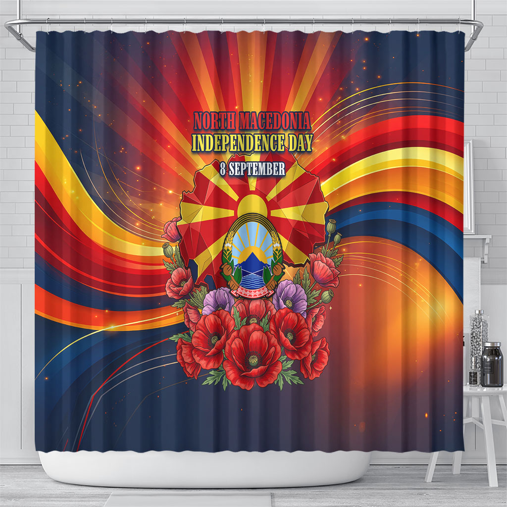 North Macedonia Independence Day Shower Curtain Balkan Lynx Red Poppy Flowers Church Flag