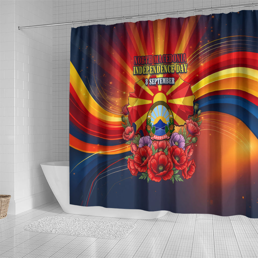 North Macedonia Independence Day Shower Curtain Balkan Lynx Red Poppy Flowers Church Flag