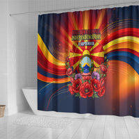 North Macedonia Independence Day Shower Curtain Balkan Lynx Red Poppy Flowers Church Flag