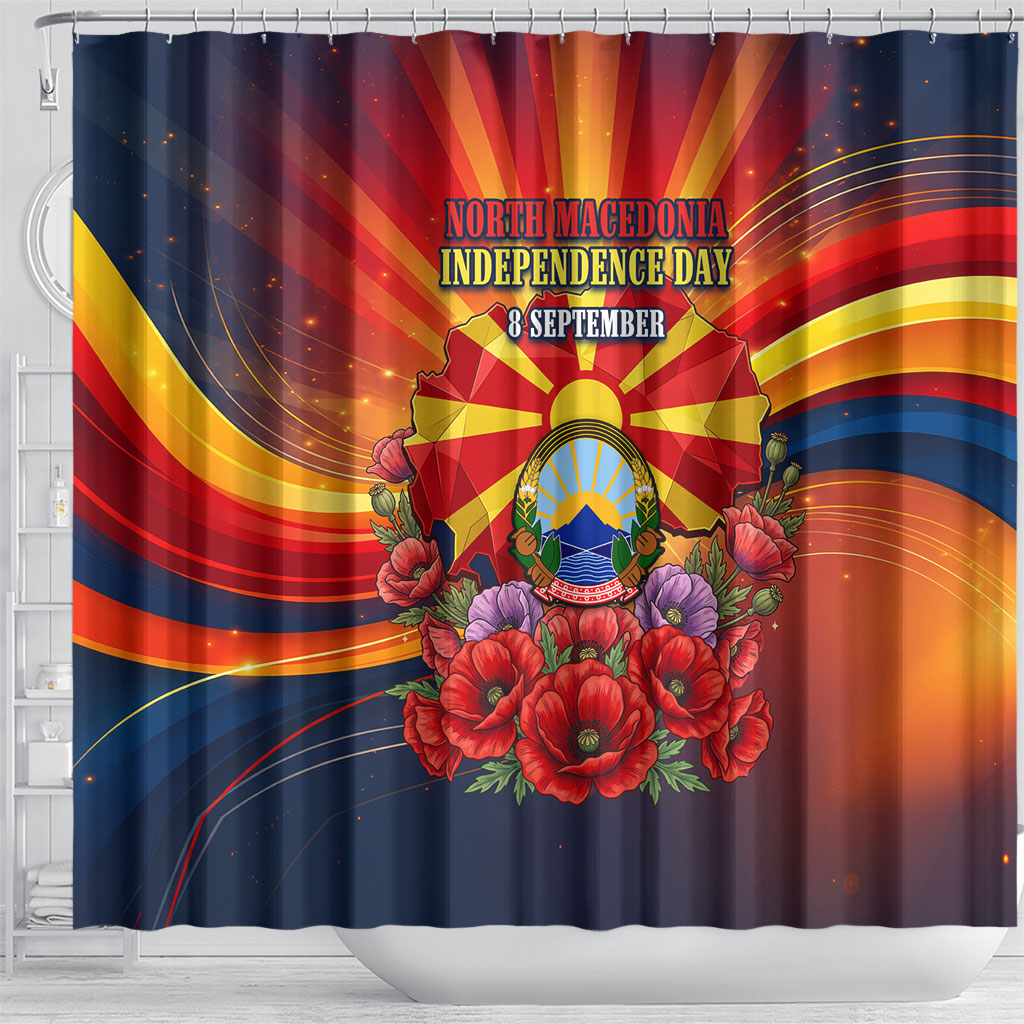 North Macedonia Independence Day Shower Curtain Balkan Lynx Red Poppy Flowers Church Flag