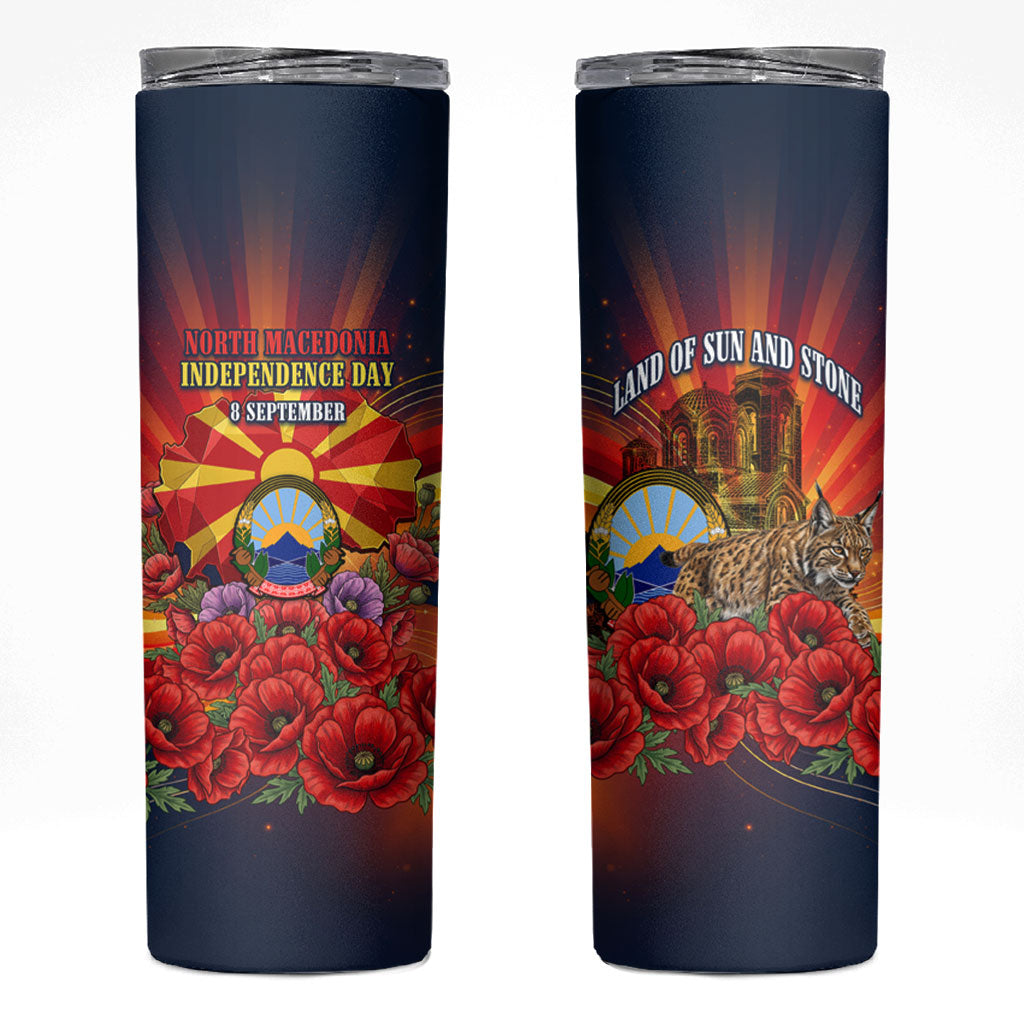 North Macedonia Independence Day Skinny Tumbler Balkan Lynx Red Poppy Flowers Church Flag