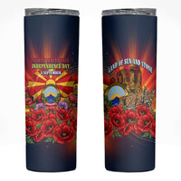 North Macedonia Independence Day Skinny Tumbler Balkan Lynx Red Poppy Flowers Church Flag
