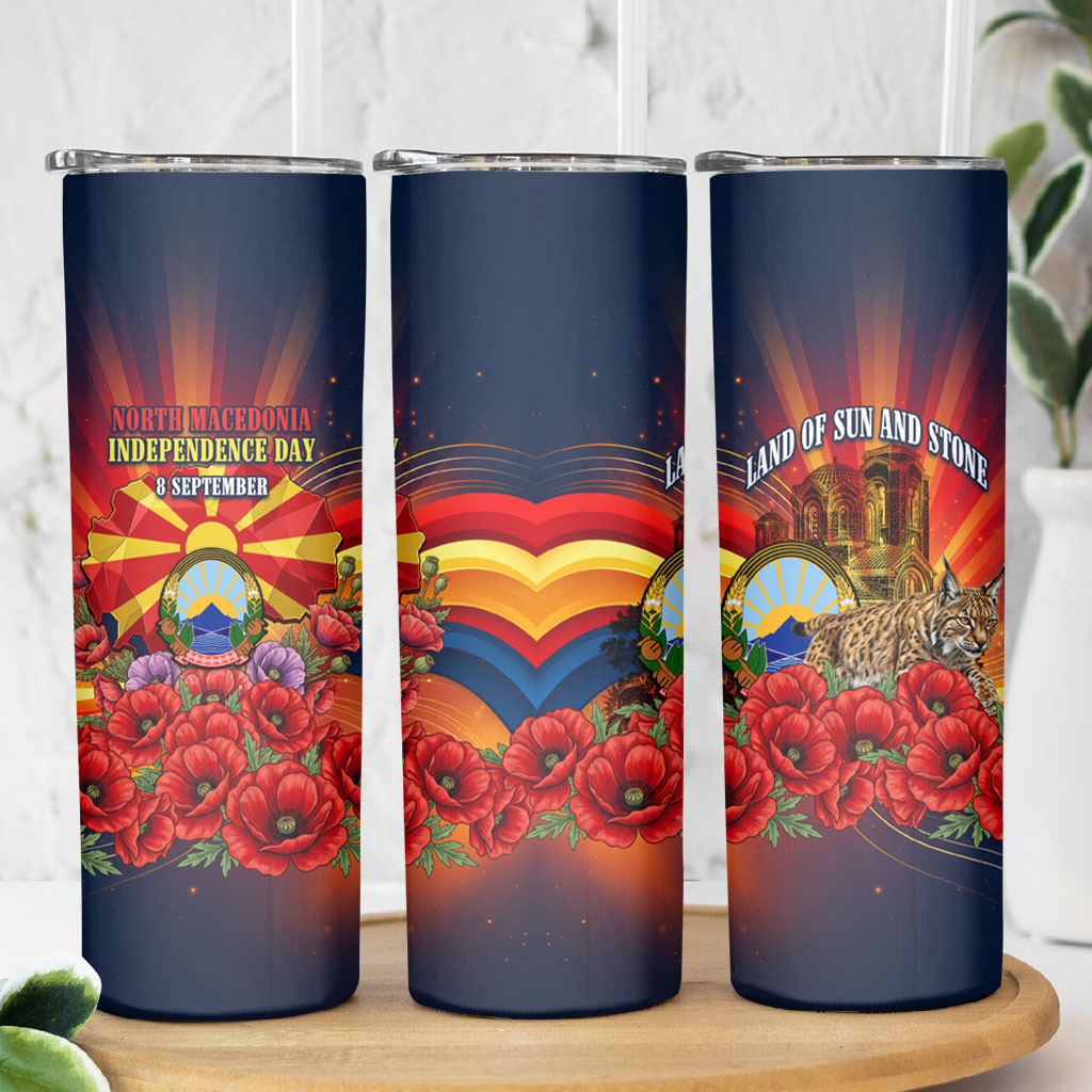 North Macedonia Independence Day Skinny Tumbler Balkan Lynx Red Poppy Flowers Church Flag