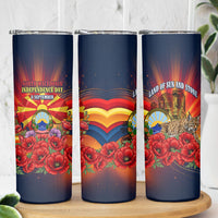 North Macedonia Independence Day Skinny Tumbler Balkan Lynx Red Poppy Flowers Church Flag