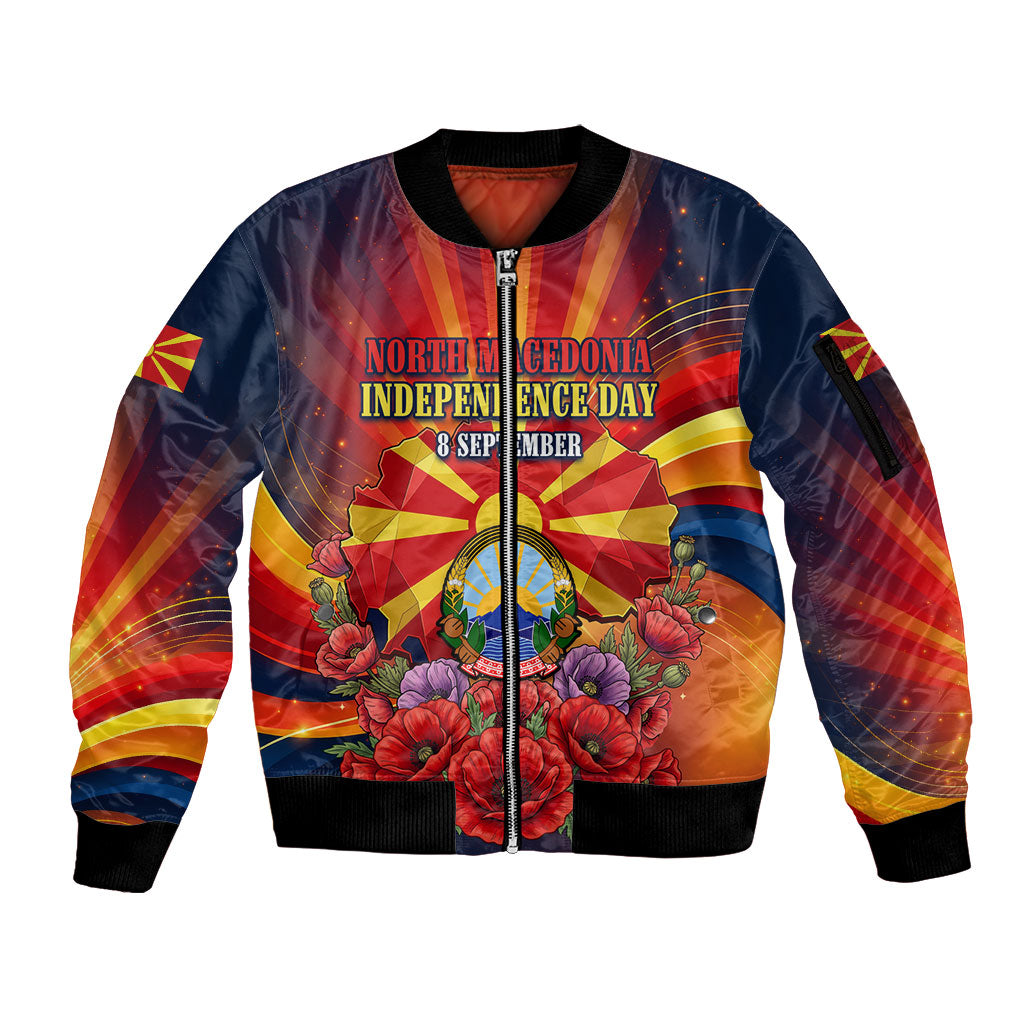 North Macedonia Independence Day Sleeve Zip Bomber Jacket Balkan Lynx Red Poppy Flowers Church Flag