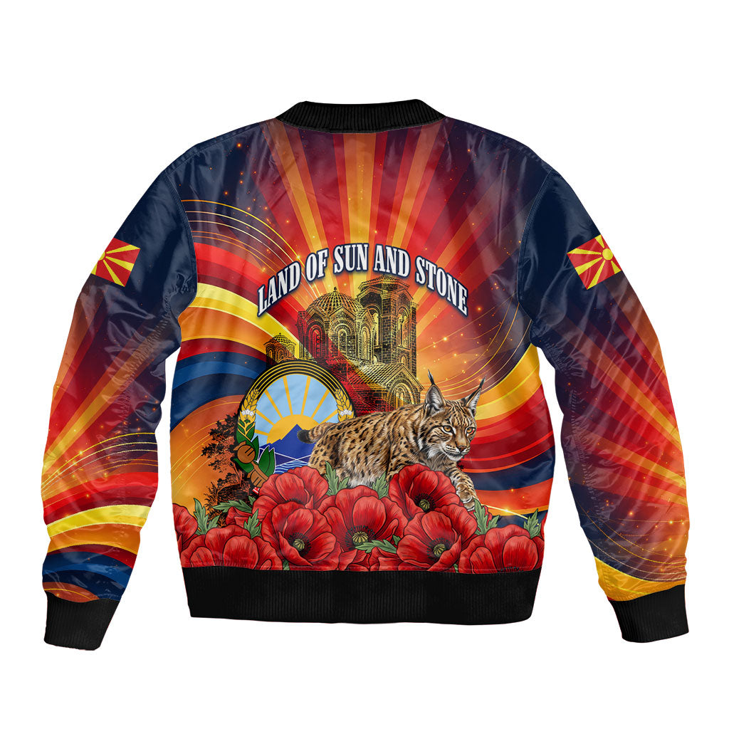 North Macedonia Independence Day Sleeve Zip Bomber Jacket Balkan Lynx Red Poppy Flowers Church Flag