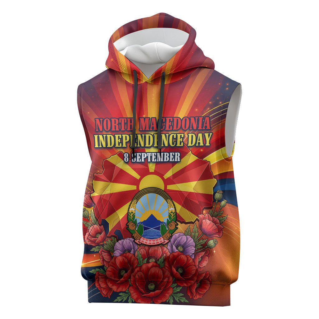North Macedonia Independence Day Sleeveless Hoodie Balkan Lynx Red Poppy Flowers Church Flag