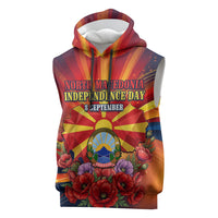 North Macedonia Independence Day Sleeveless Hoodie Balkan Lynx Red Poppy Flowers Church Flag