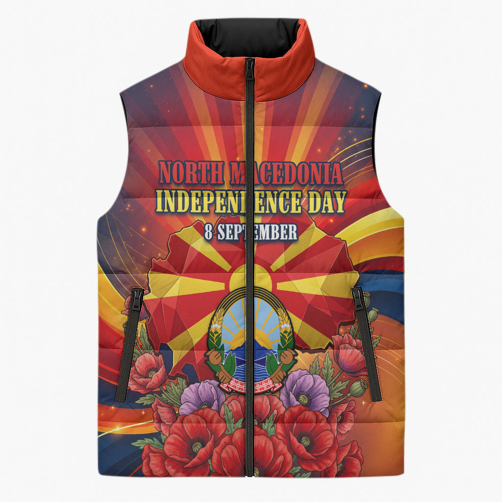 North Macedonia Independence Day Sleeveless Puffer Jacket Balkan Lynx Red Poppy Flowers Church Flag