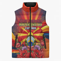 North Macedonia Independence Day Sleeveless Puffer Jacket Balkan Lynx Red Poppy Flowers Church Flag