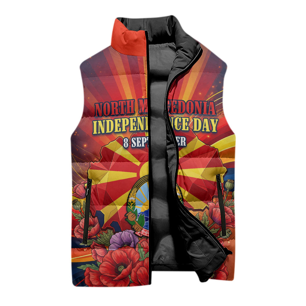 North Macedonia Independence Day Sleeveless Puffer Jacket Balkan Lynx Red Poppy Flowers Church Flag