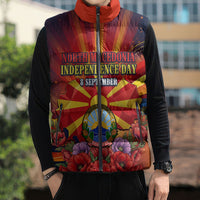 North Macedonia Independence Day Sleeveless Puffer Jacket Balkan Lynx Red Poppy Flowers Church Flag
