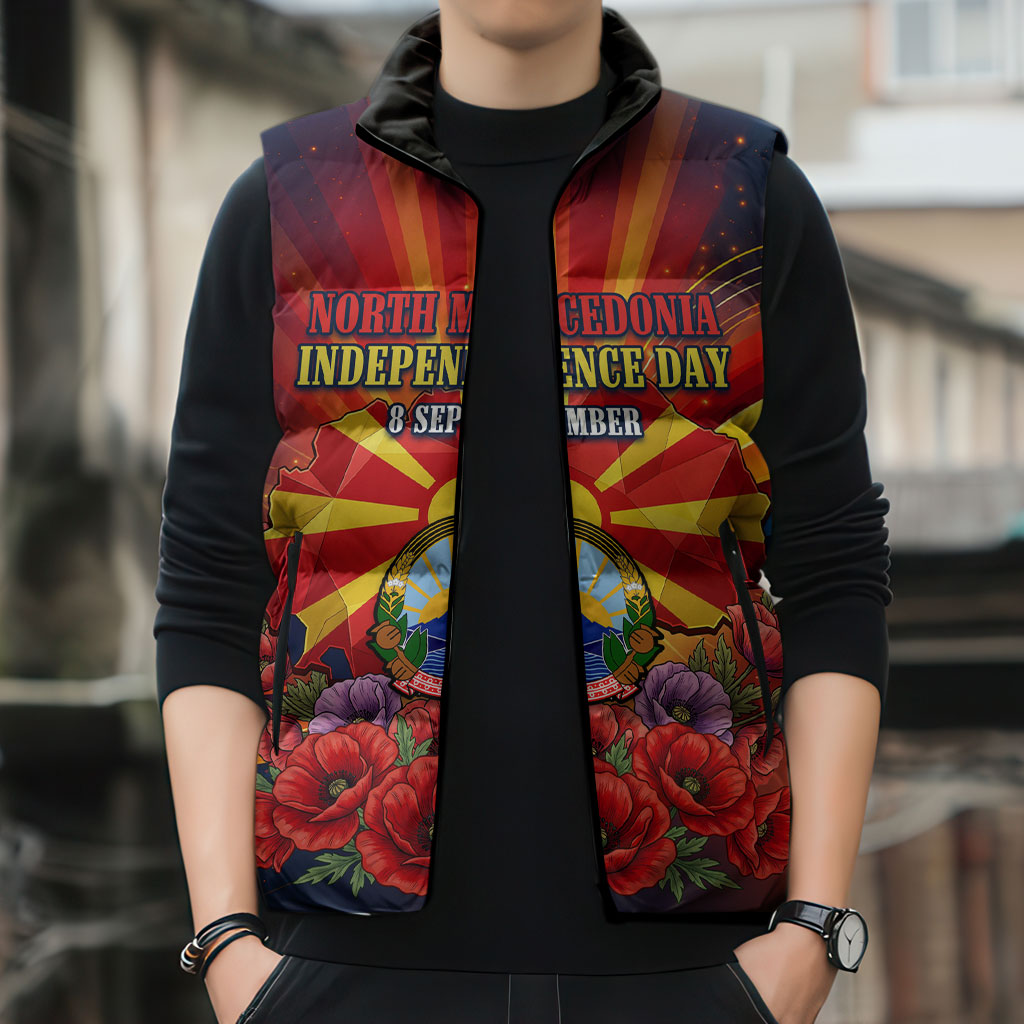 North Macedonia Independence Day Sleeveless Puffer Jacket Balkan Lynx Red Poppy Flowers Church Flag