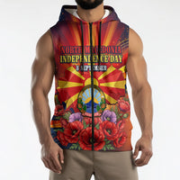 North Macedonia Independence Day Sleeveless Zip Hoodie Balkan Lynx Red Poppy Flowers Church Flag