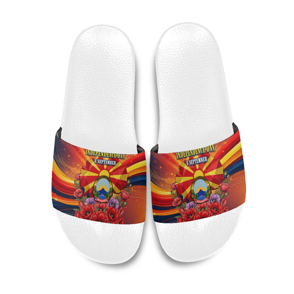 North Macedonia Independence Day Slide Sandals Balkan Lynx Red Poppy Flowers Church Flag