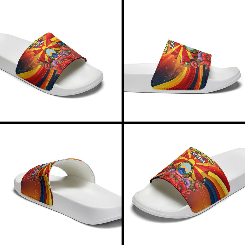 North Macedonia Independence Day Slide Sandals Balkan Lynx Red Poppy Flowers Church Flag