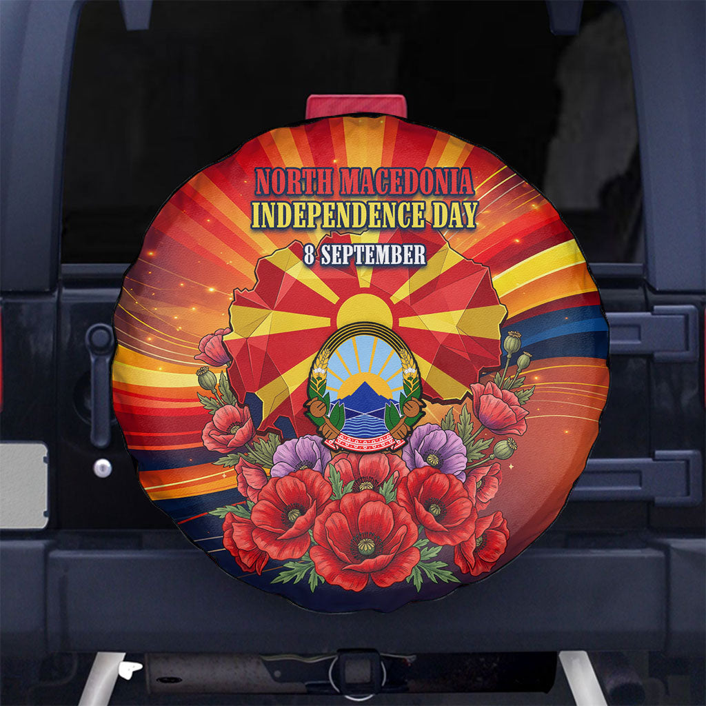 North Macedonia Independence Day Spare Tire Cover Balkan Lynx Red Poppy Flowers Church Flag