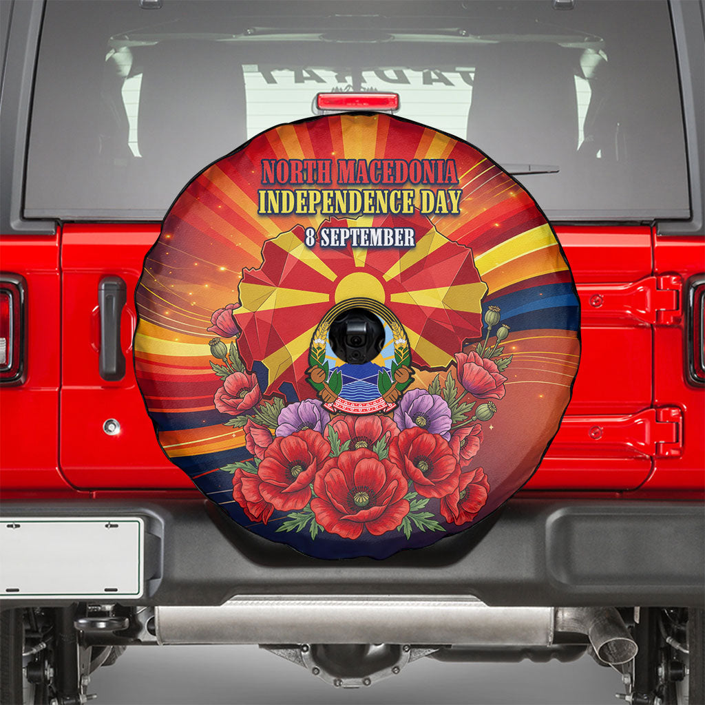 North Macedonia Independence Day Spare Tire Cover Balkan Lynx Red Poppy Flowers Church Flag