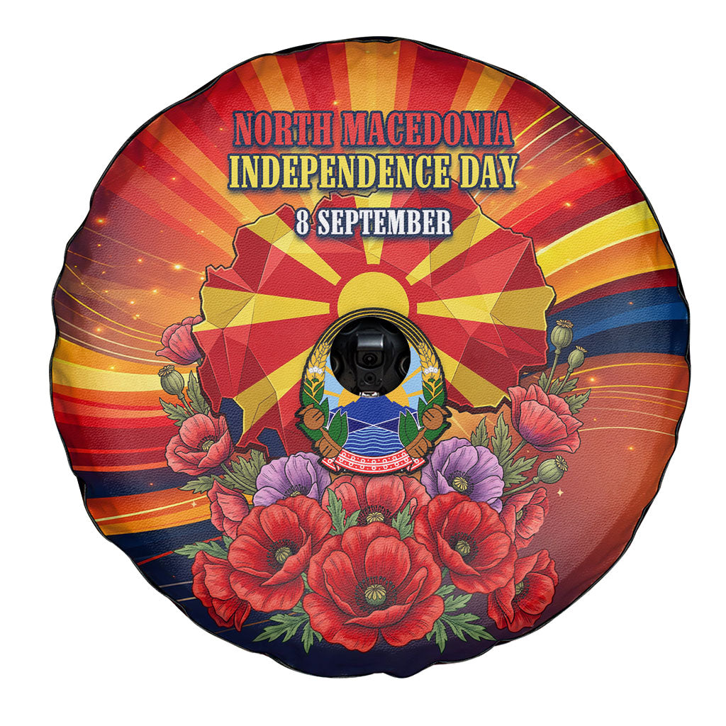 North Macedonia Independence Day Spare Tire Cover Balkan Lynx Red Poppy Flowers Church Flag