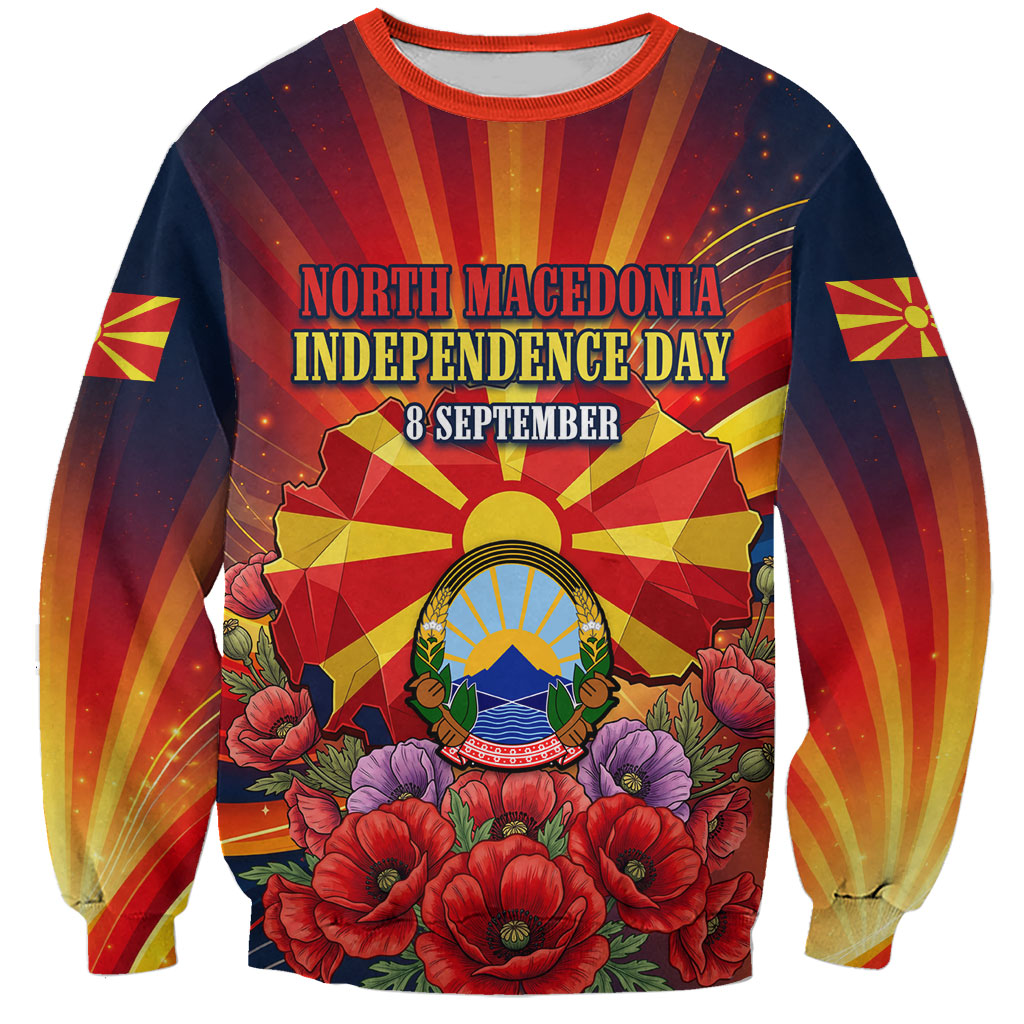 North Macedonia Independence Day Sweatshirt Balkan Lynx Red Poppy Flowers Church Flag