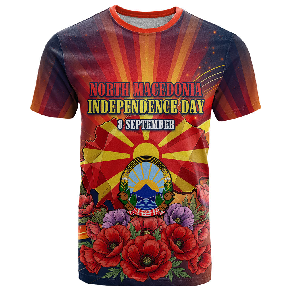 North Macedonia Independence Day T Shirt Balkan Lynx Red Poppy Flowers Church Flag