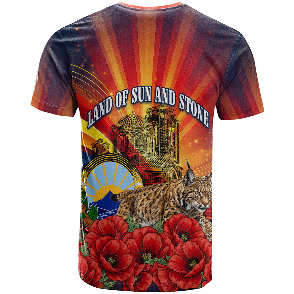 North Macedonia Independence Day T Shirt Balkan Lynx Red Poppy Flowers Church Flag