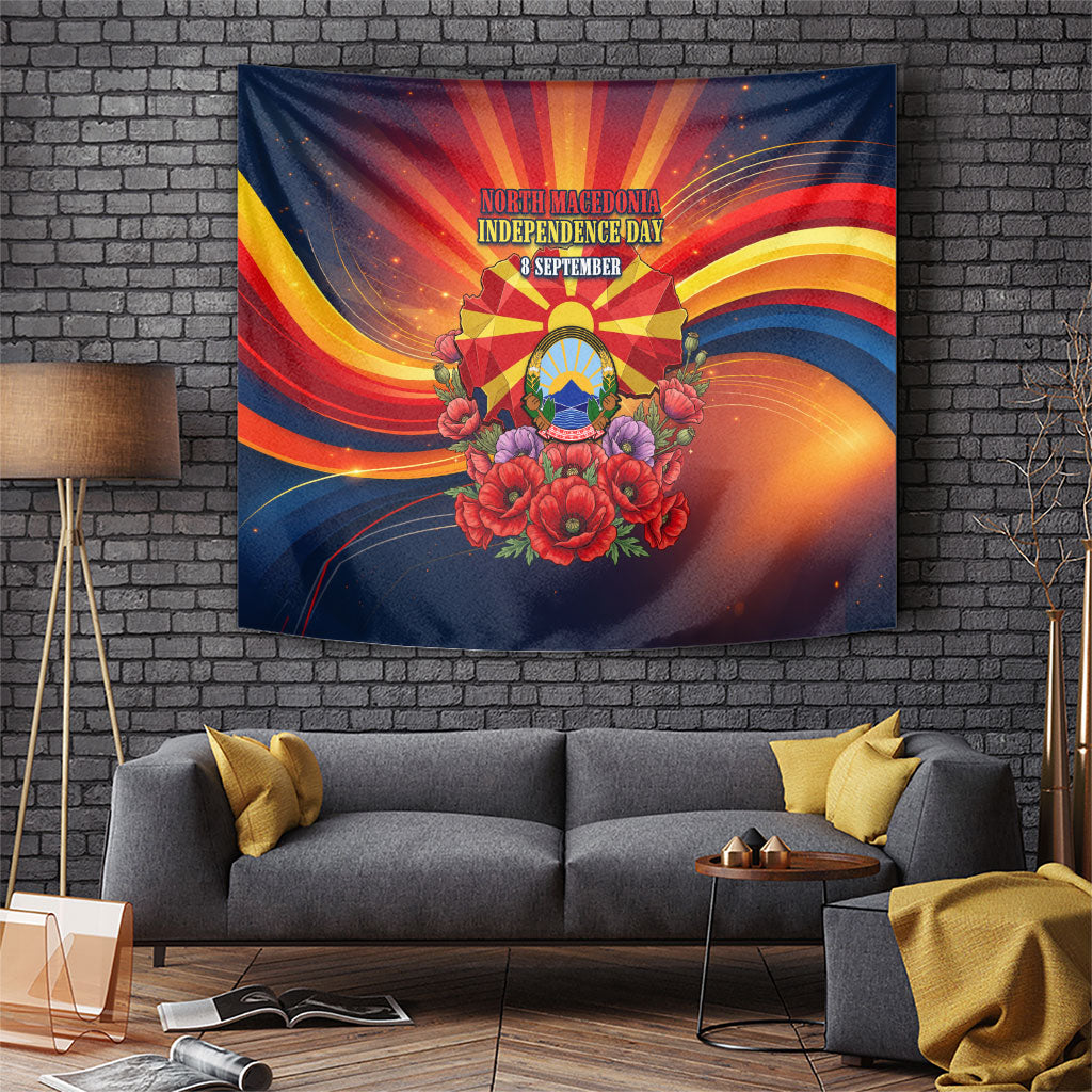 North Macedonia Independence Day Tapestry Balkan Lynx Red Poppy Flowers Church Flag
