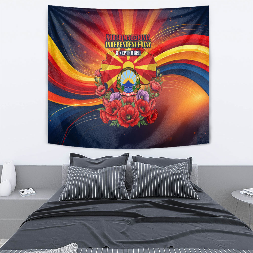 North Macedonia Independence Day Tapestry Balkan Lynx Red Poppy Flowers Church Flag