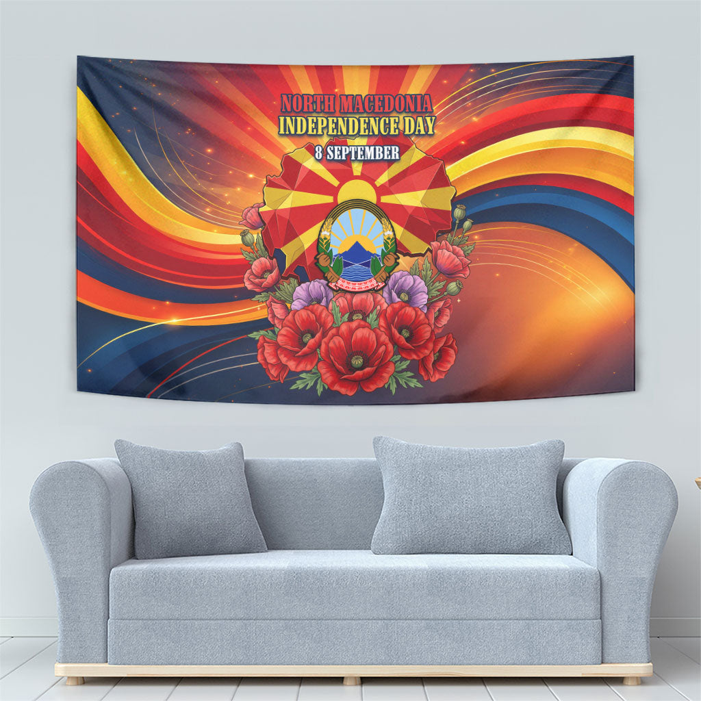 North Macedonia Independence Day Tapestry Balkan Lynx Red Poppy Flowers Church Flag