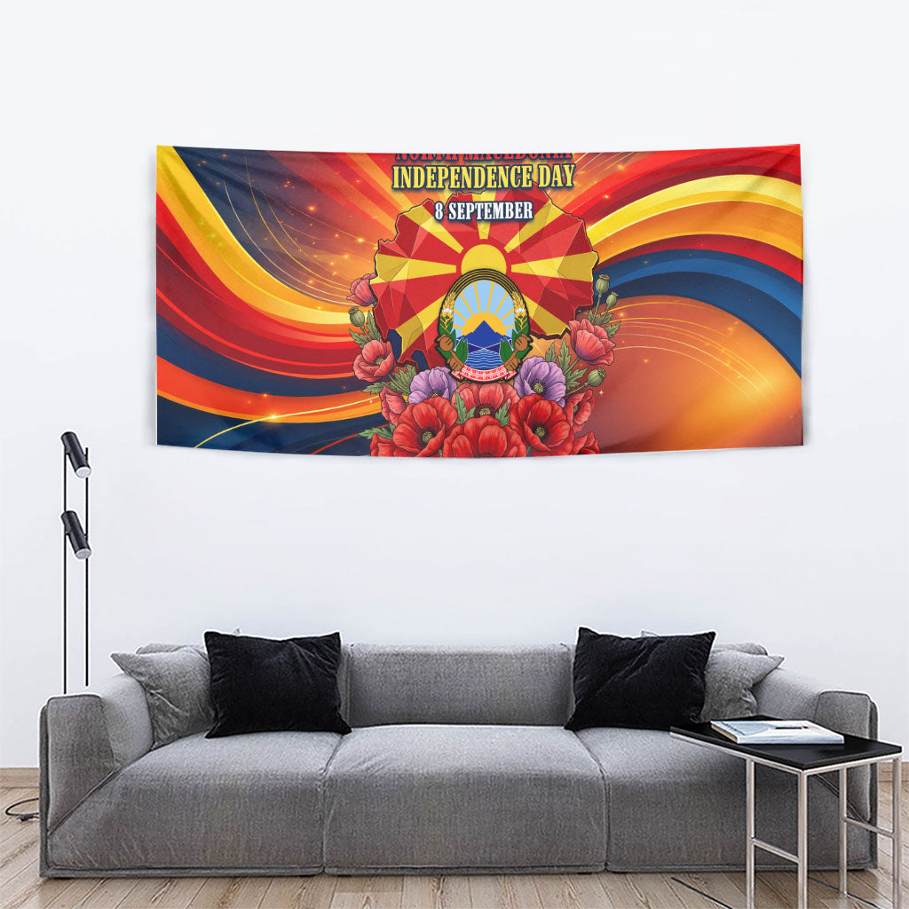 North Macedonia Independence Day Tapestry Balkan Lynx Red Poppy Flowers Church Flag