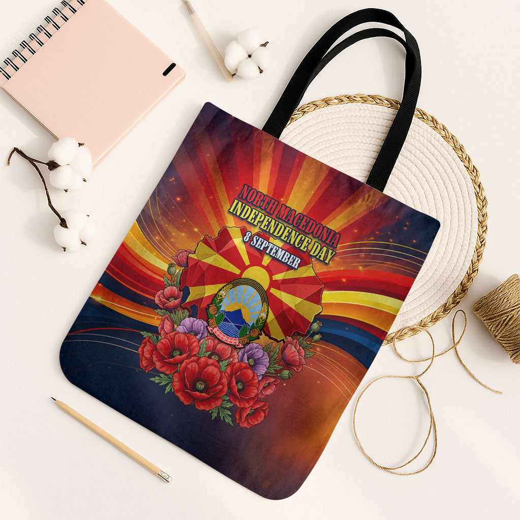 North Macedonia Independence Day Tote Bag Balkan Lynx Red Poppy Flowers Church Flag