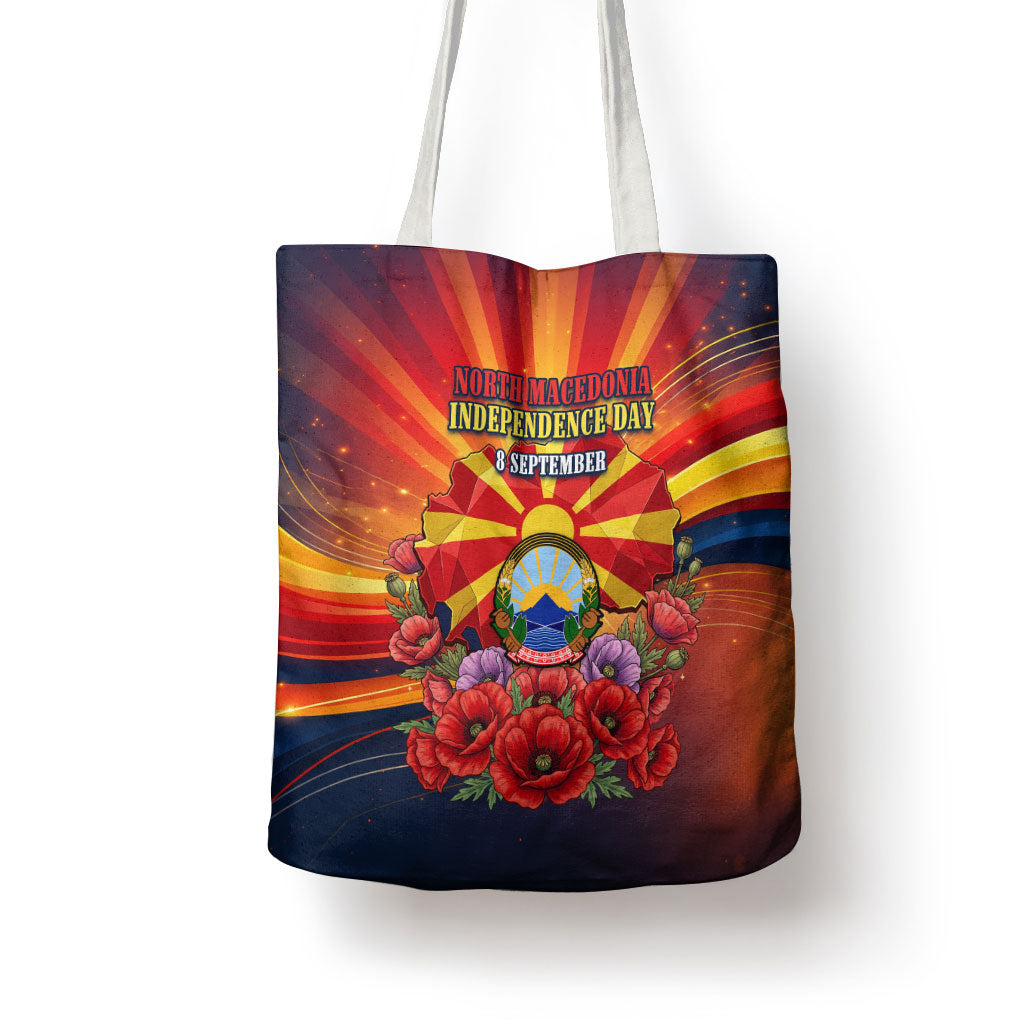 North Macedonia Independence Day Tote Bag Balkan Lynx Red Poppy Flowers Church Flag