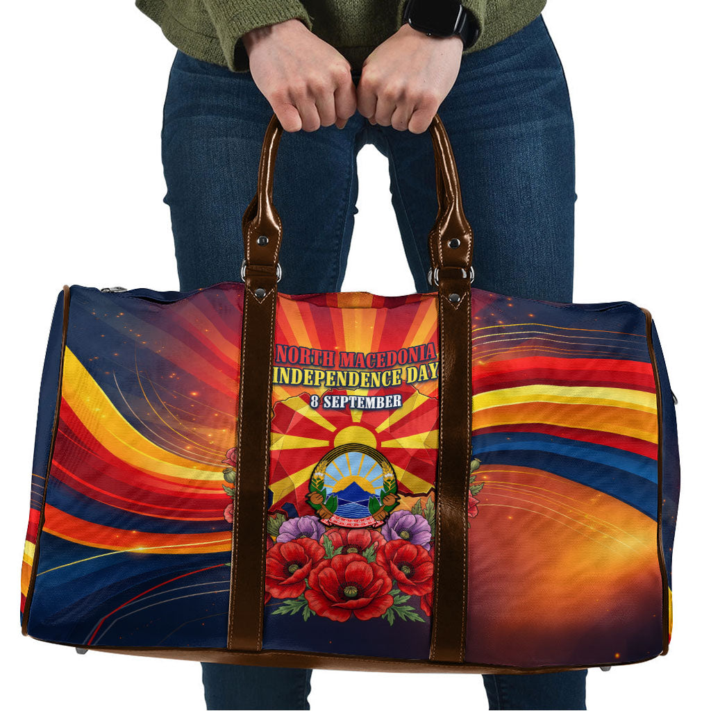 North Macedonia Independence Day Travel Bag Balkan Lynx Red Poppy Flowers Church Flag