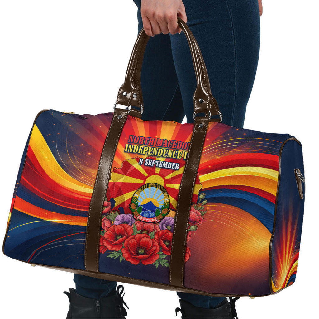 North Macedonia Independence Day Travel Bag Balkan Lynx Red Poppy Flowers Church Flag