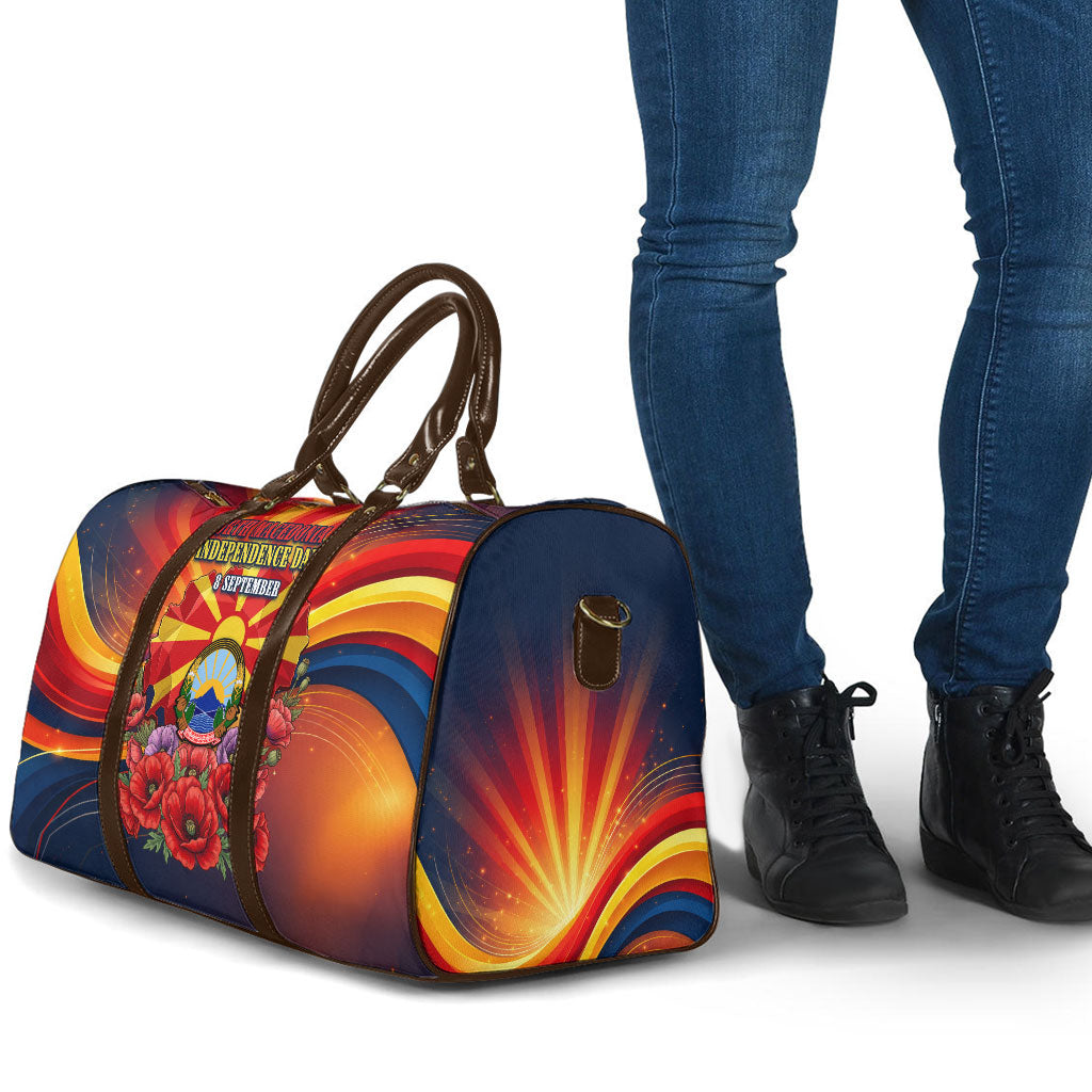 North Macedonia Independence Day Travel Bag Balkan Lynx Red Poppy Flowers Church Flag