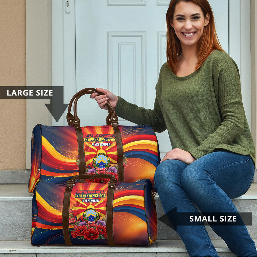North Macedonia Independence Day Travel Bag Balkan Lynx Red Poppy Flowers Church Flag