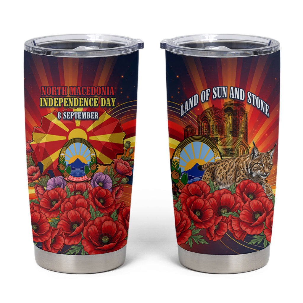 North Macedonia Independence Day Tumbler Cup Balkan Lynx Red Poppy Flowers Church Flag