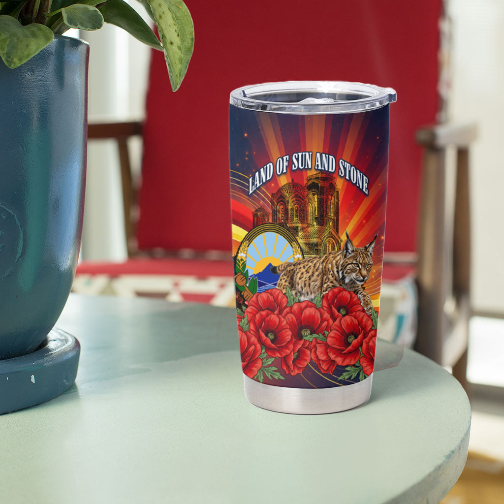 North Macedonia Independence Day Tumbler Cup Balkan Lynx Red Poppy Flowers Church Flag