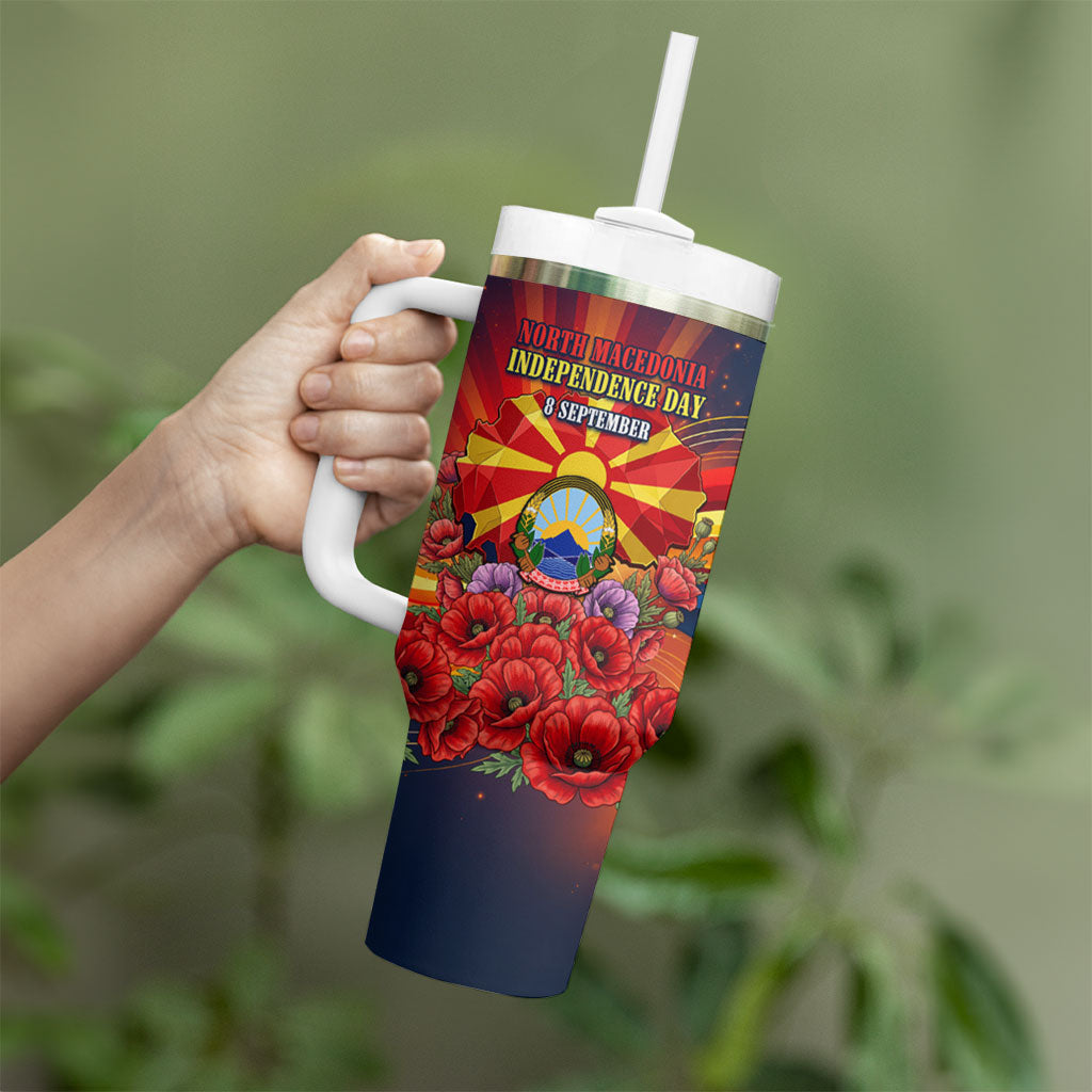 North Macedonia Independence Day Tumbler With Handle Balkan Lynx Red Poppy Flowers Church Flag