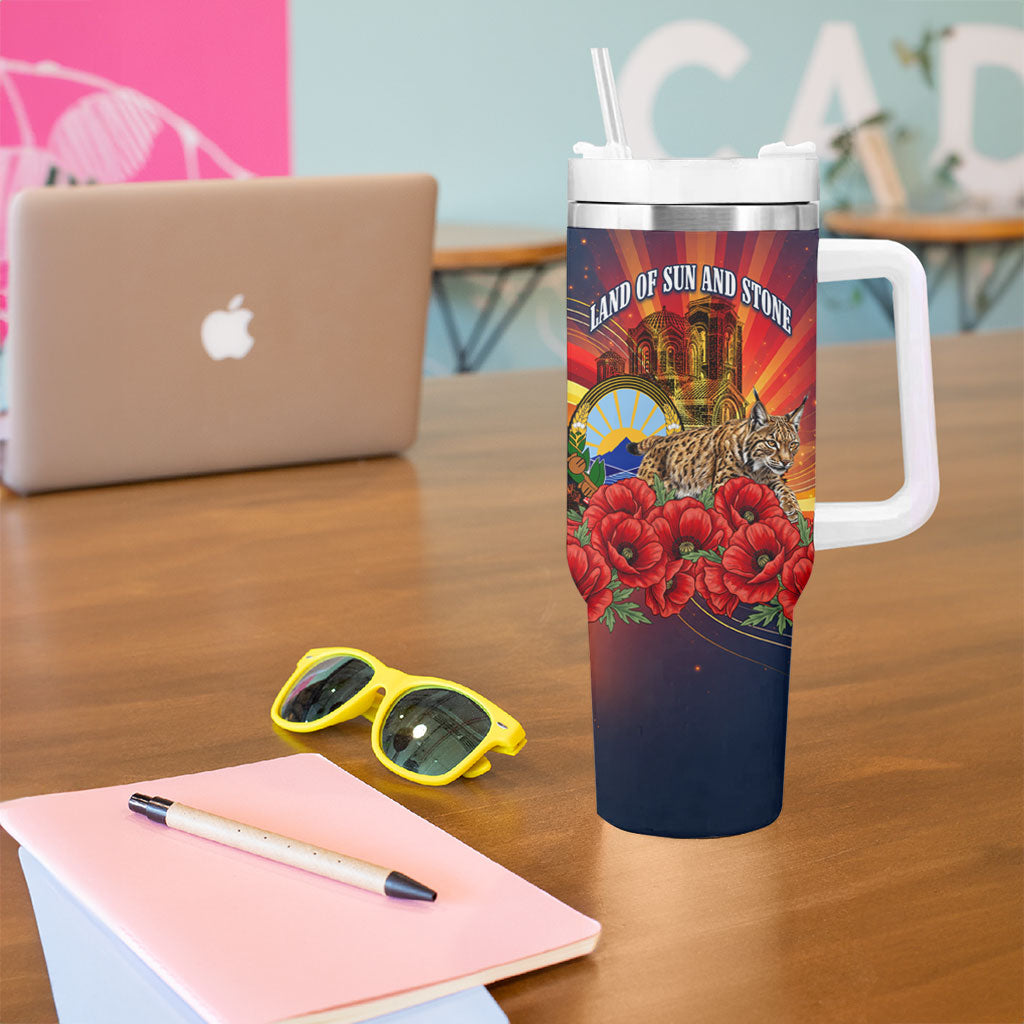 North Macedonia Independence Day Tumbler With Handle Balkan Lynx Red Poppy Flowers Church Flag