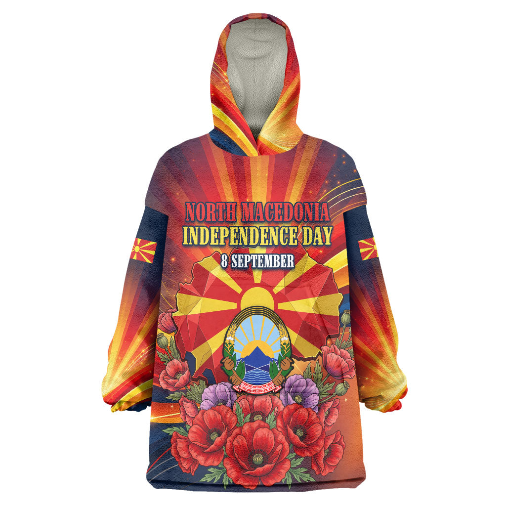 North Macedonia Independence Day Wearable Blanket Hoodie Balkan Lynx Red Poppy Flowers Church Flag