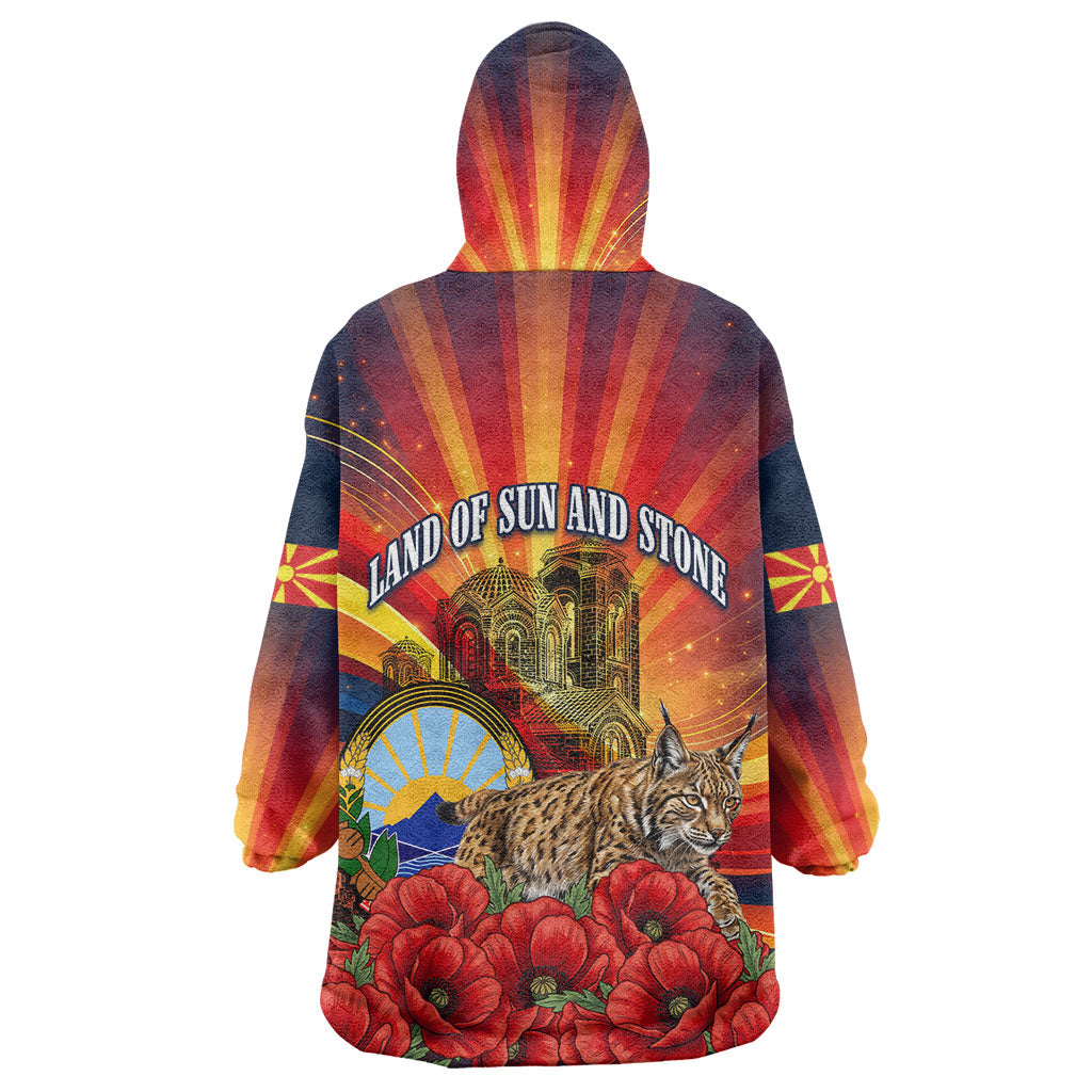 North Macedonia Independence Day Wearable Blanket Hoodie Balkan Lynx Red Poppy Flowers Church Flag