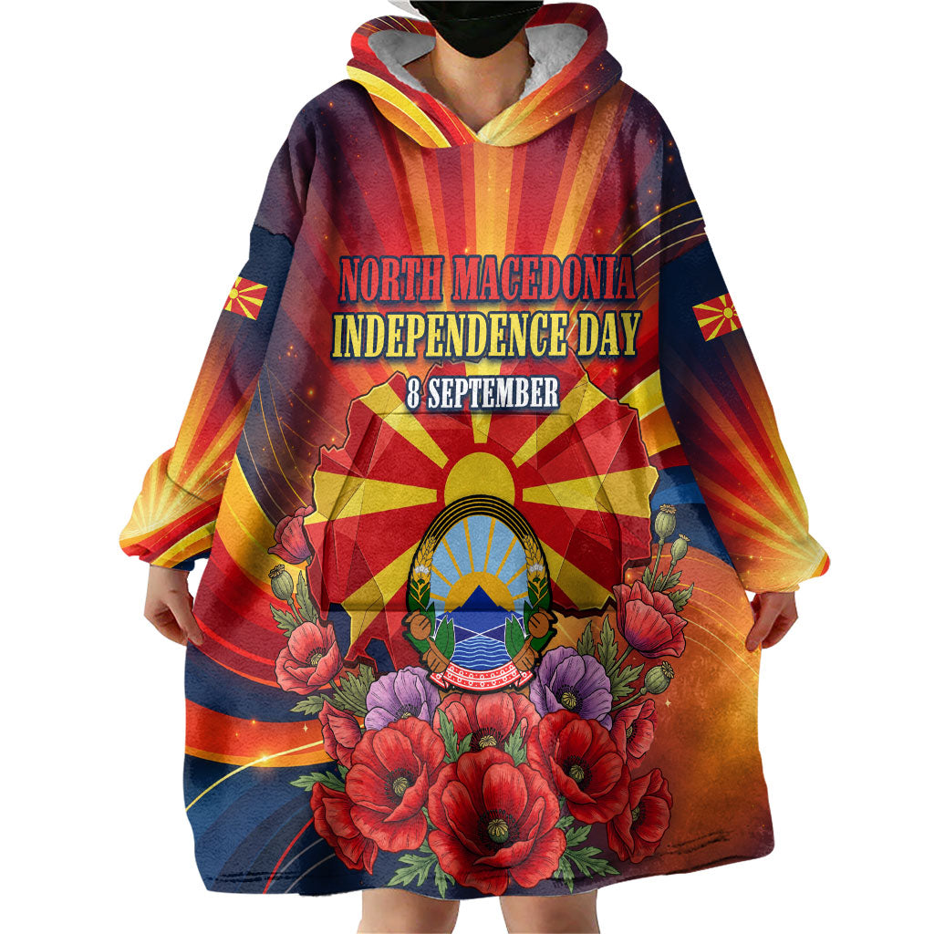 North Macedonia Independence Day Wearable Blanket Hoodie Balkan Lynx Red Poppy Flowers Church Flag