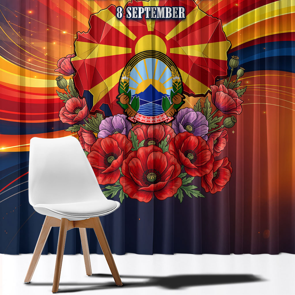 North Macedonia Independence Day Window Curtain Balkan Lynx Red Poppy Flowers Church Flag
