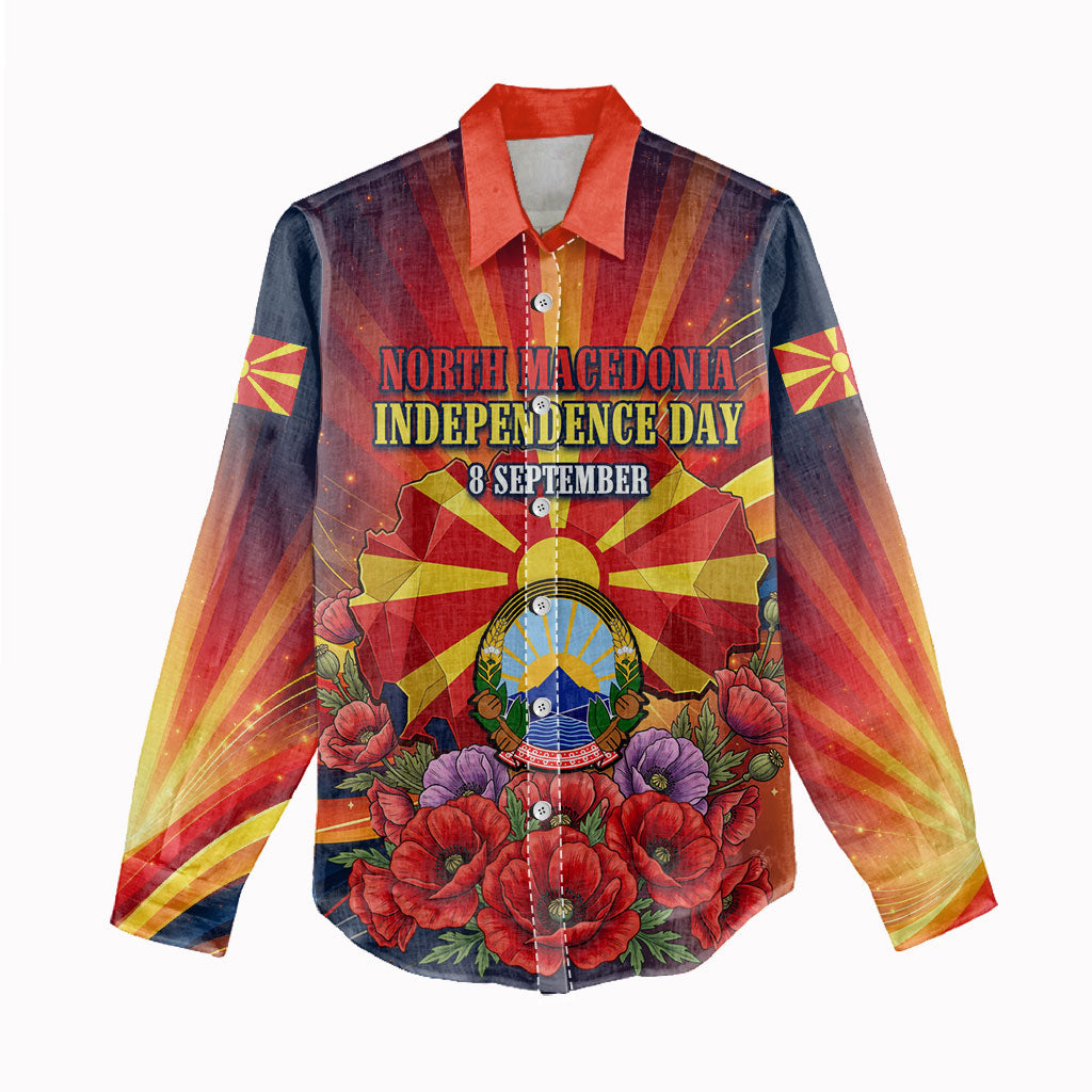 North Macedonia Independence Day Women Casual Shirt Balkan Lynx Red Poppy Flowers Church Flag
