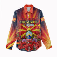 North Macedonia Independence Day Women Casual Shirt Balkan Lynx Red Poppy Flowers Church Flag