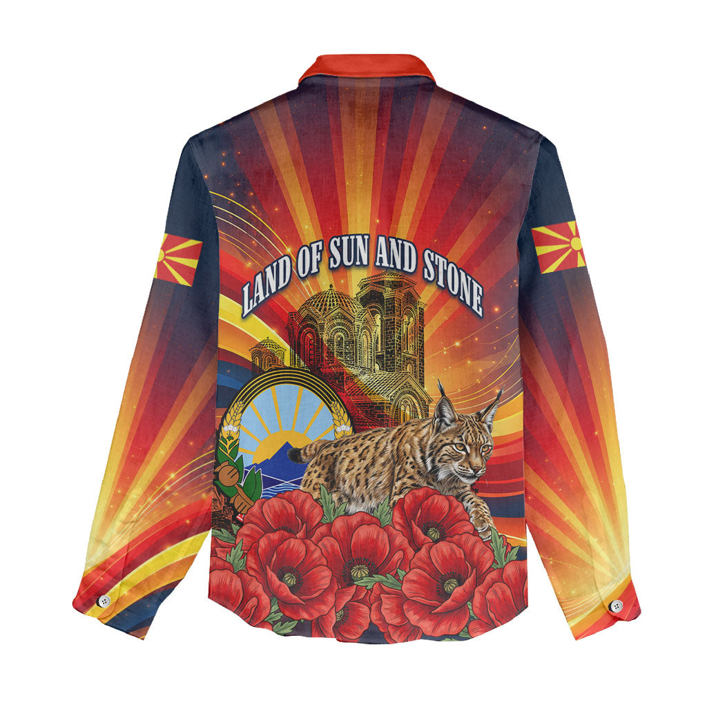 North Macedonia Independence Day Women Casual Shirt Balkan Lynx Red Poppy Flowers Church Flag